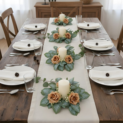 4 Pcs Wedding Rose Candle Rings Artificial Floral Wreaths With Green Leaves Flower Candle Rings Candleholders Garland For Pillar Centerpiece Party Table Decor