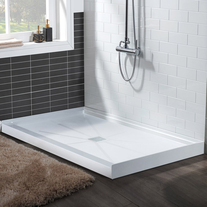  48" W x 36" D Single Threshold Non-Slip Solid Surface Shower Pan Base with Drain Assembly and Drain Cover Included, Centre