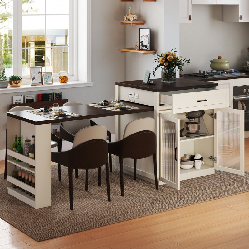 Îlot de cuisine extensible de 83 po avec table de salle à manger coulissante, prise de courant avec USB / Type-C, station de préparation à roulettes avec portes en verre
