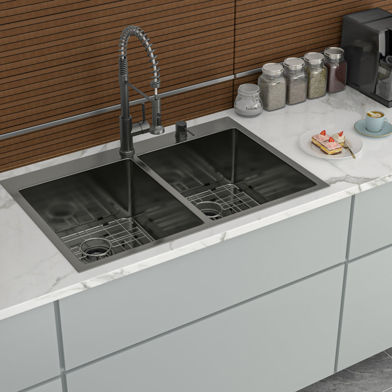 Gunmetal Black Double Bowl Drop In Sink 33" Deep, 22" Wide, 16 Gauge, 10" Deep Basins, 50/50 For Different Cleaning Tasks, Hand - Made With Rear Drain And X Grooves, Sound Proofing Dampening Pads,