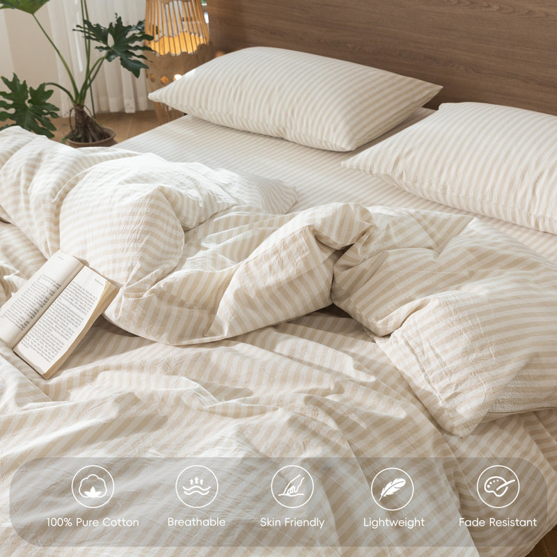 MooMee Striped Duvet Cover Set 100% Washed Cotton Linen Like Textured, Oversized King Duvet Cover + 2 King Pillowcases