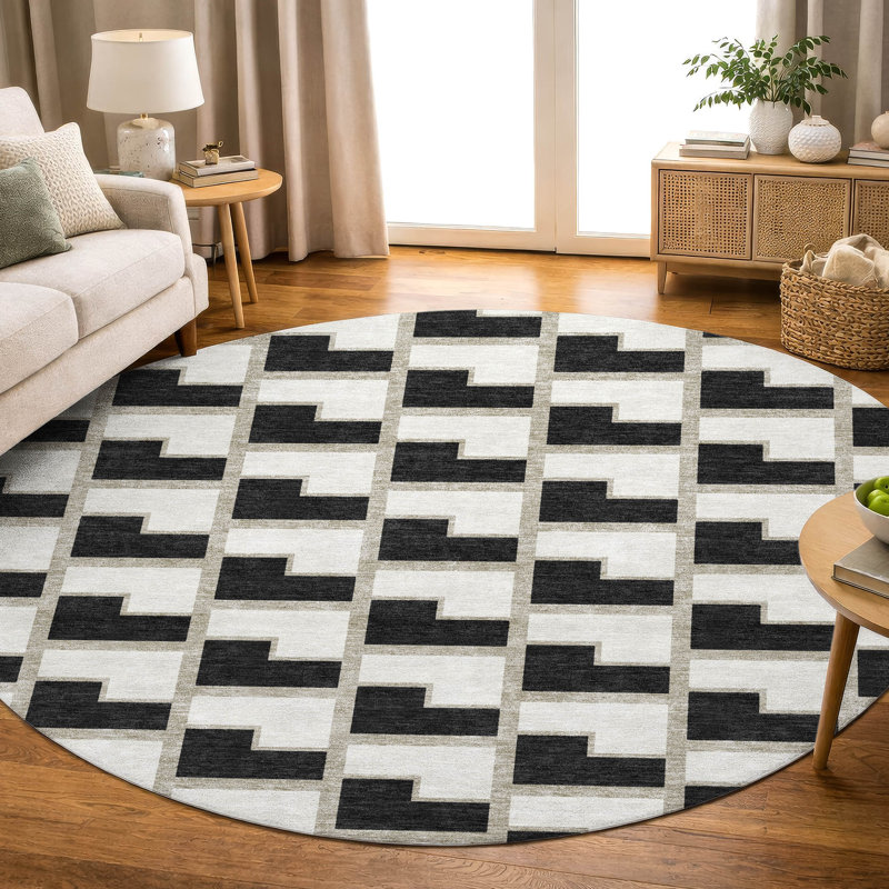 Premium Machine Washable Mayfield AMF2416 Geometric Rug, 8' Round, Black