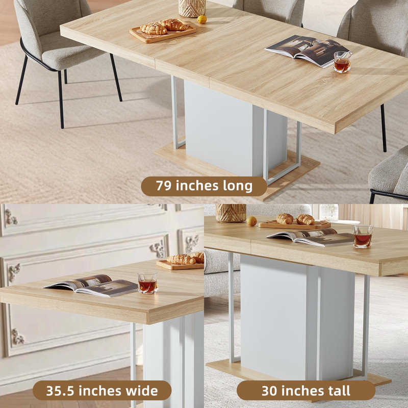 Table de salle à manger extensible de 160 à 200 cm avec pied central cannelé, Bois naturel / blanc