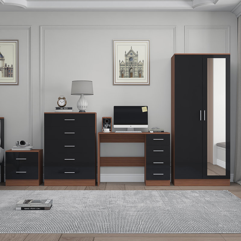 Eva Piece Bedroom Set, Black Gloss / Walnut
