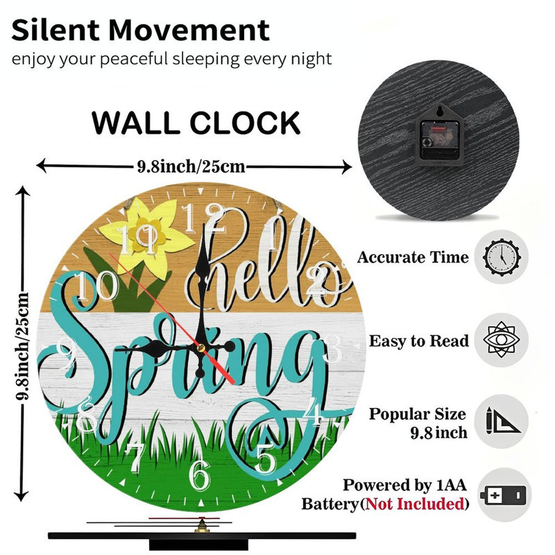 Horloge murale en bois 10 po, mouvement silencieux, à piles (piles AA non incluses), décor artistique, parfait pour les décorations