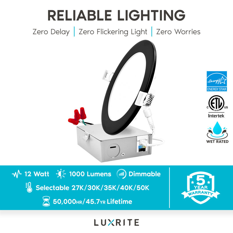 Luxrite 6" Ultra Thin LED Recessed Light J-Box 12W 5 Colour Options Dimmable 1000 Lumens Black Trim IC Rated 4 Pack