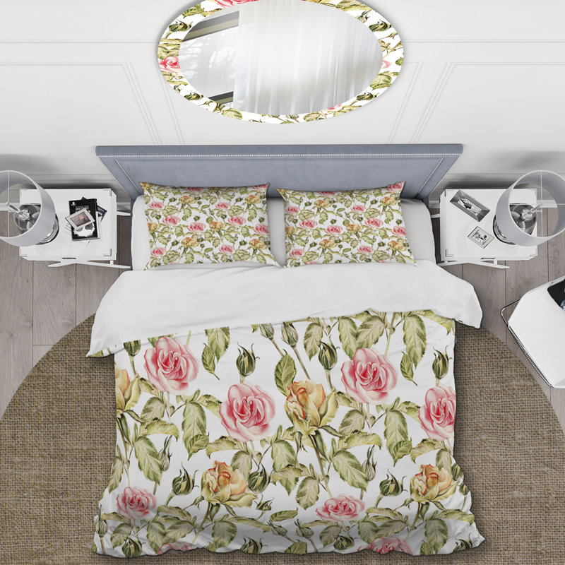 Fleurs roses et feuille verte - ensemble de housse de couette floral - microfibre de polyester