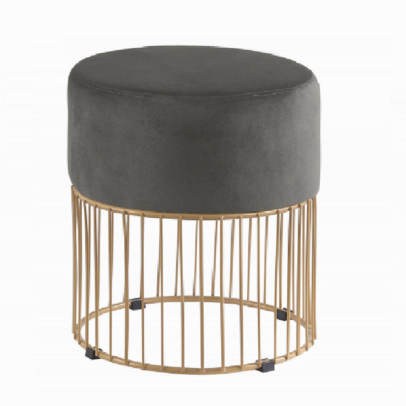 1Pc Round Velvet Accent Ottoman With Luxurious Gold Frame, Comfy Upholstered Ottoman, Gray, Gray