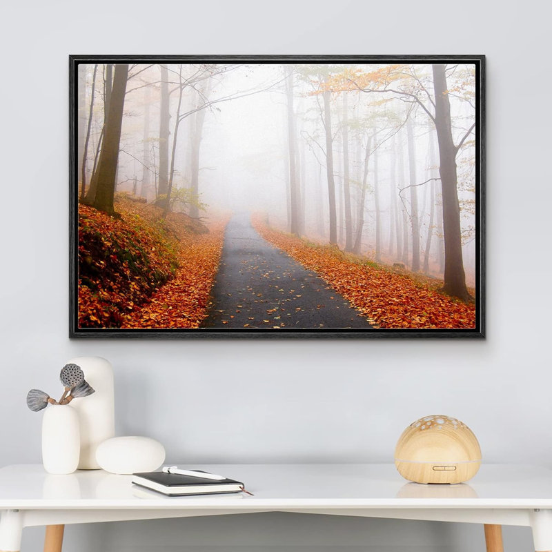 Automne, automne, brouillard, automne, chemin forestier avec feuilles orange sur toile, Cadre noir