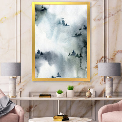 «Minimalistic Winter Forest with Snowy Fir Trees», peinture sur toile à cadre flottant