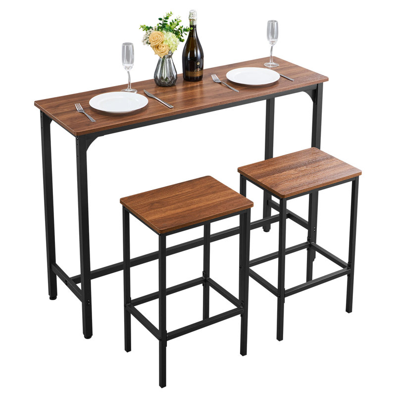 Table de bar, ensemble de tables de bar 3 pièces 47 po, tables de bar et ensemble de chaises à bords arrondis, table de pub rectangulaire avec deux tabourets pour bureau, coin déjeuner, mini-bar, brun rustique, noir