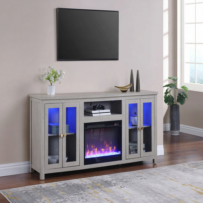 Meuble télé 70 po avec finition gris clair et console avec chaufferette, lumière DEL, armoires, tablettes