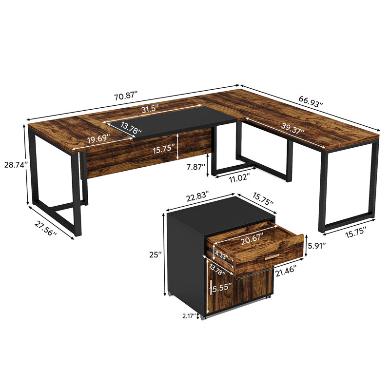 Bureau de direction en L avec armoire de rangement Trisca, Brun rustique / noir