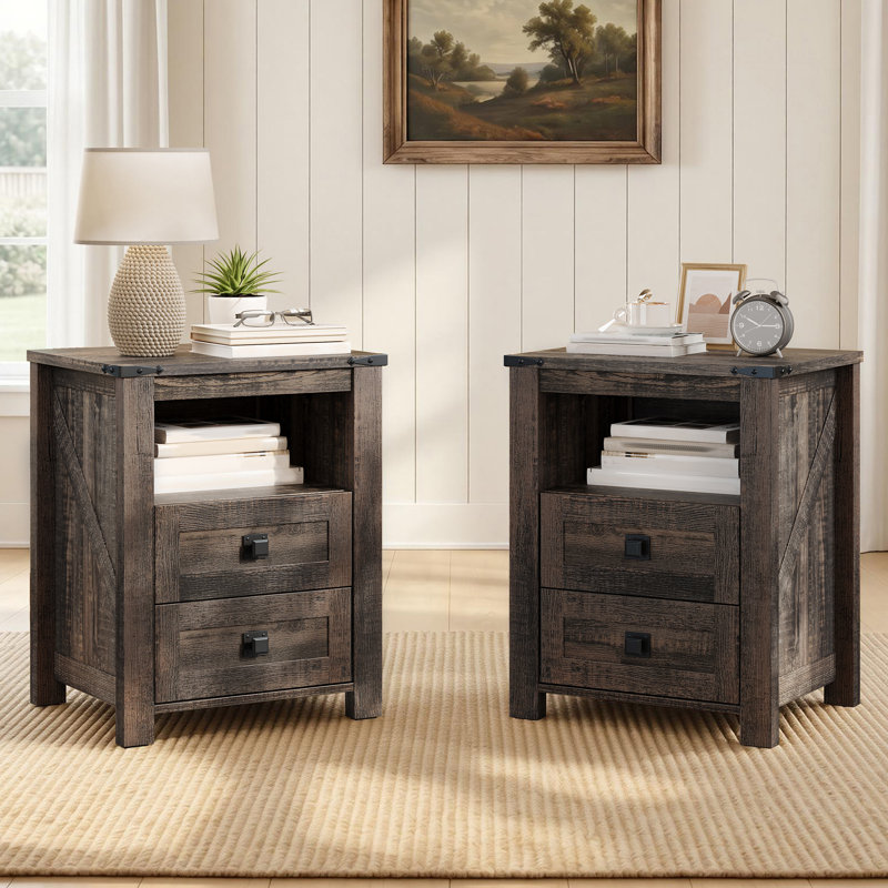 18" Farmhouse Nightstand Set with 2 Drawers & Open Shelf,Dark Oak, Dark Oak