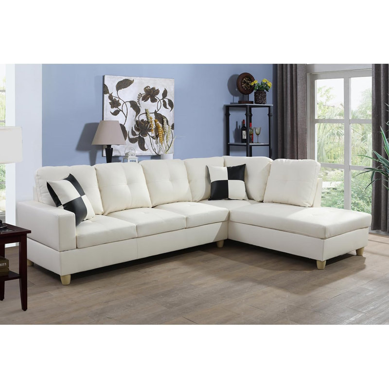 Bawan Faux Leather L-Shaped Sectional, Right Hand Facing, White Faux Leather