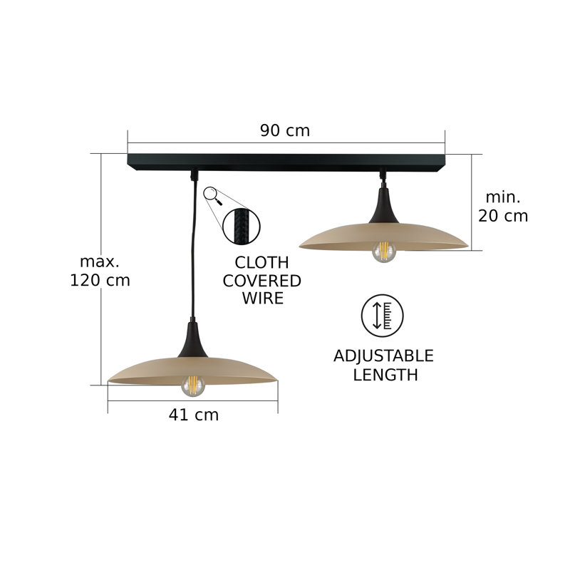 - Light Matte Black Dome Pendant, 120cm H x 110cm W x 41cm D, 2 Lights, Black/Latte