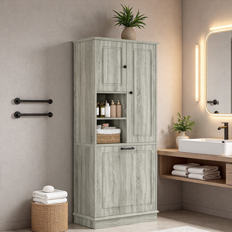Grande armoire de rangement pour salle de bain avec tablettes réglables, grand panier rabattable et armoires fermées, Chêne