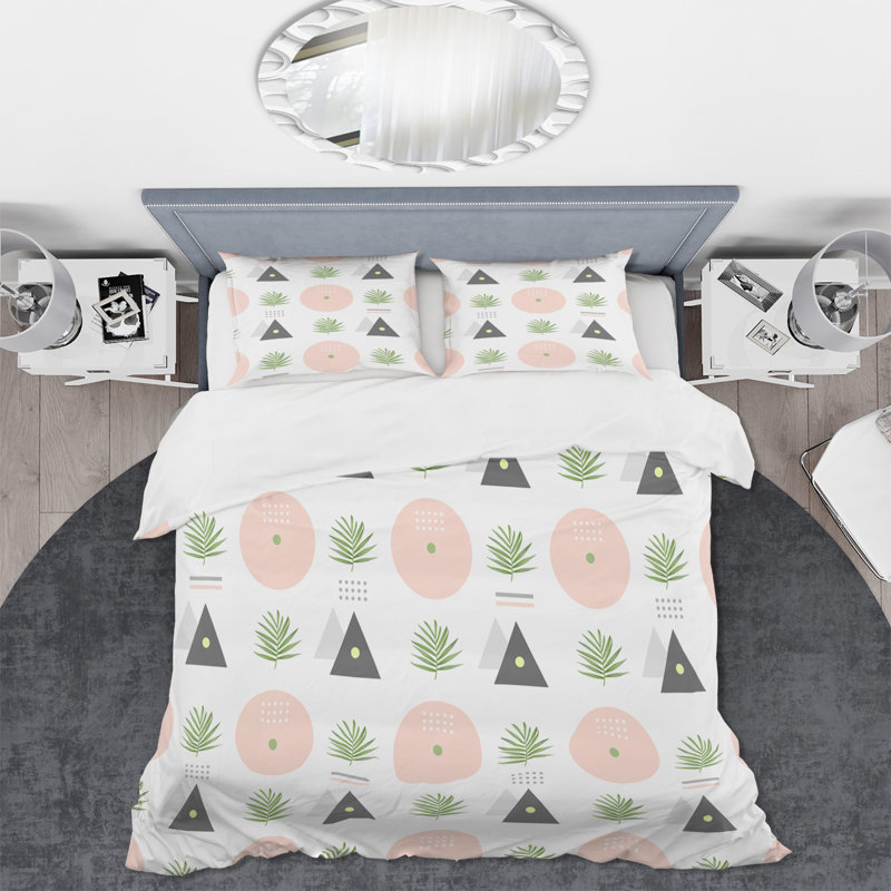 Pink Circles Dark Gray Triangular Geometrics - Modern Duvet Cover Set - Microfiber Polyester