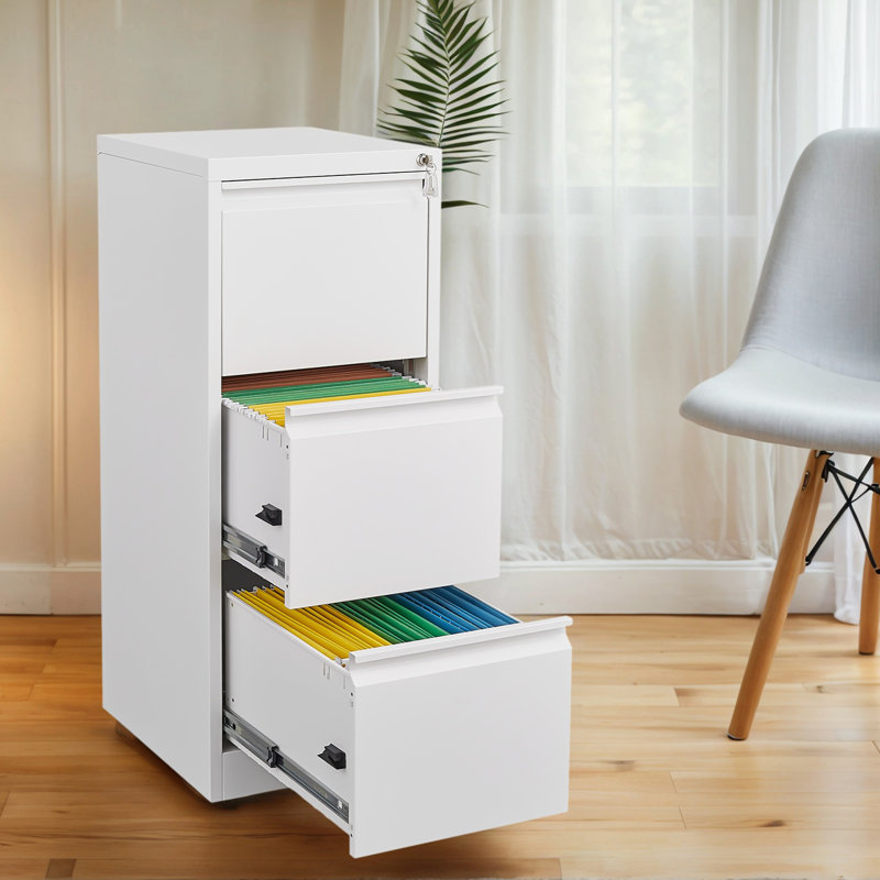 3-Drawer Vertical File Cabinet With Noise-Free Sliding Drawers And Interlocking Mechanism,Adjustable Hanging Rods, White