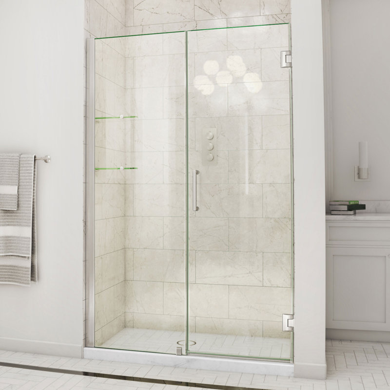 DreamLine Unidoor 41 - 42 inch W x 72 inch H Frameless Hinged Shower Door with Shelves in Brushed Nickel, Brushed Nickel, 42"