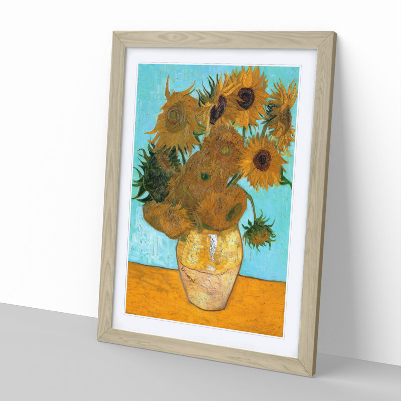 Twelve Sunflowers by Vincent Van Gogh - Picture Frame Painting on MDF, Oak, 36cm H x 27cm W x 2cm D