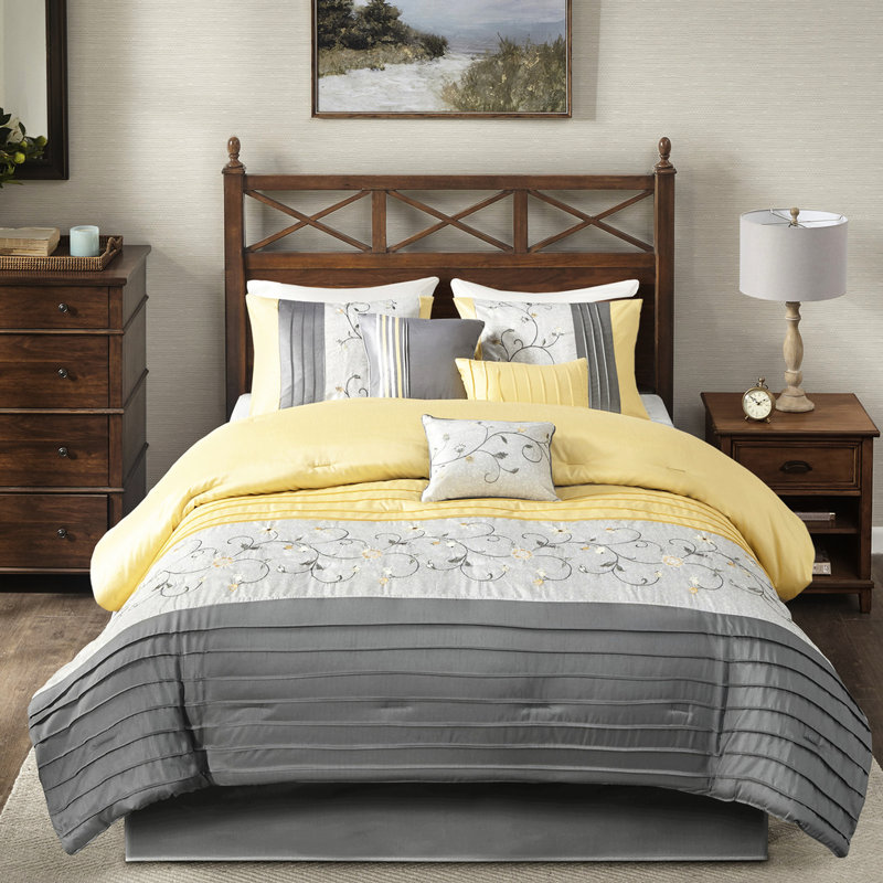 Édredon Serene King - jaune 7 pièces, brodé, rembourrage, édredon, taies décoratives, coussins, jupe de lit, motif lavable et chic, serein, décoratif