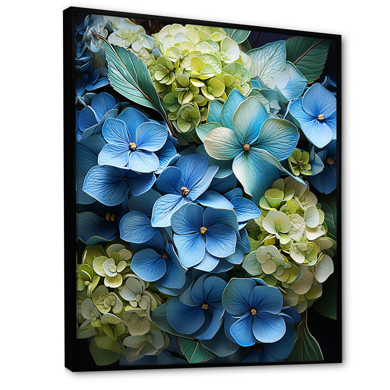 Fleurs d'hortensias méticuleusement rendues, H 32 po x l 16 po x P 1 po, Cadre flottant noir