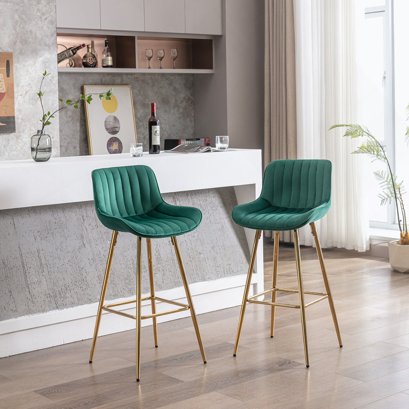 Tabouret de bar en velours avec repose-pieds chromé, ensemble de 2, Vert, Tabouret de bar (siège d'une hauteur de 29,92 po)