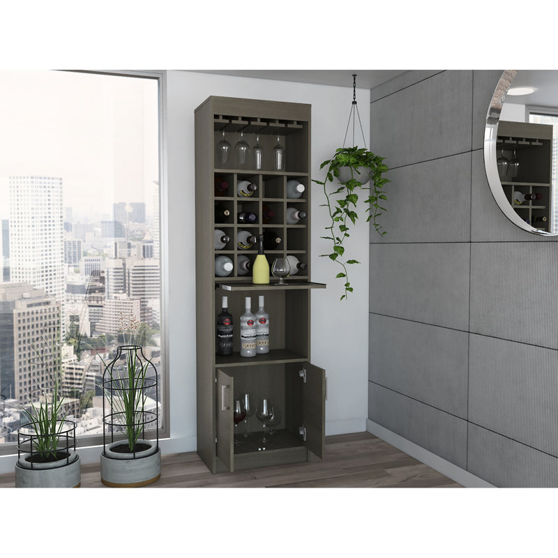 Armoire de bar en gris fumé - 16 fentes pour porte-bouteilles, plateau de service, porte-bouteilles en panneau de particules, double porte, une tablette, 12 porte-verres,