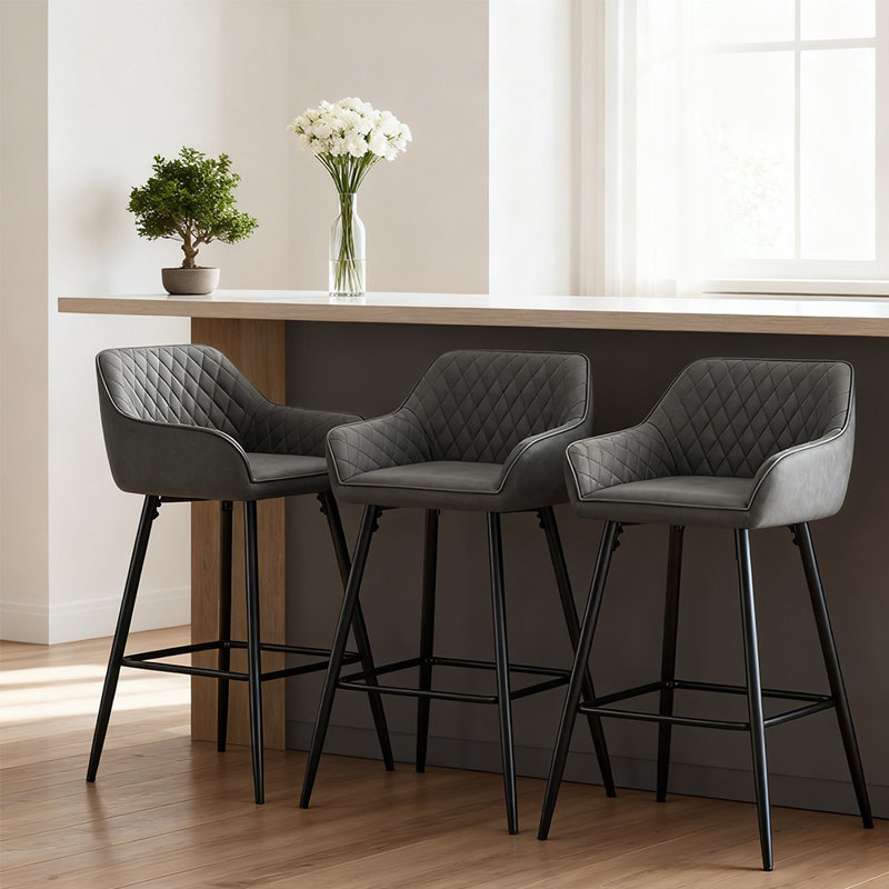 Upholstered Counter Stool with Metal Frame, Grey Faux Leather