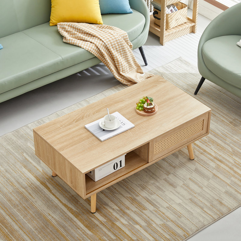 Table basse en rotin de 41,34 po, porte coulissante pour rangement, pieds en bois massif, table de salon moderne, naturel