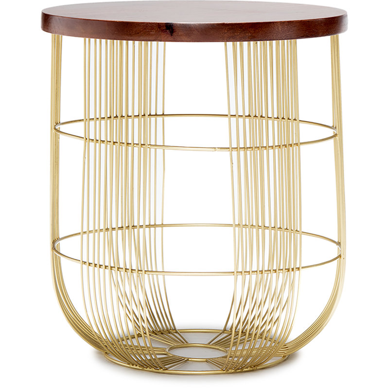 Maxwell Gold Metal Wire Base Round Side Table with Dark Brown Wood Top