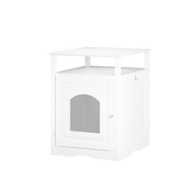 Intérieur de la maison pour chat - Meuble de litière, construction blanche, armoire fermée, crochet latéral, tablette fonctionnelle et espace confortable, table moderne pour meubles de chambre à coucher avec design caché, espaces de vie