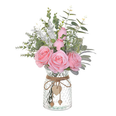 Faux Flowers With Vase,Artificial Silk Roses In Vase, Fake Plant Flower Arrangement For Home Office Farmhouse Bathroom Dining Table Centerpiece Decorations Coffee Table Decor,Champagne