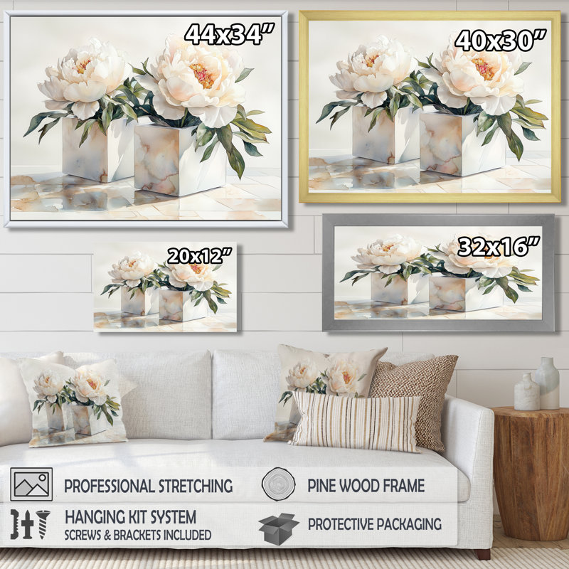 Minimal pivoines dans des cubes blancs II - pivoines, art mural, H 12 po x l 20 po, Cadre simple noir