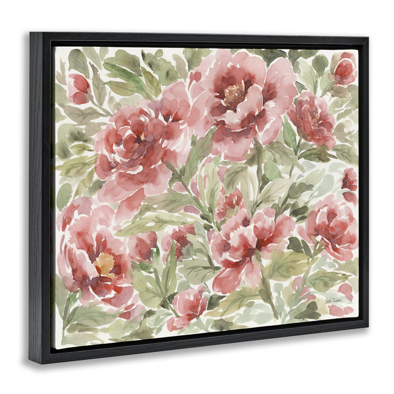 Art mural sur toile flottante avec motif de pivoines roses par Leslie Trimbach, Cadre flottant noir de jais