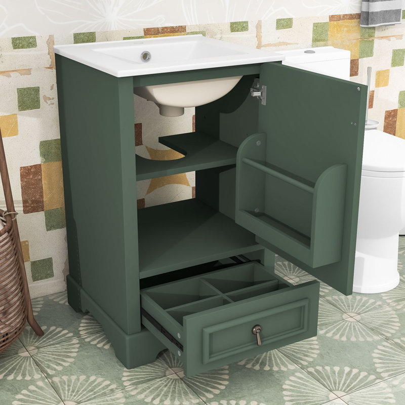 Meuble-lavabo moderne avec lavabo en céramique, tablette réglable en U et tiroir de rangement, Vert