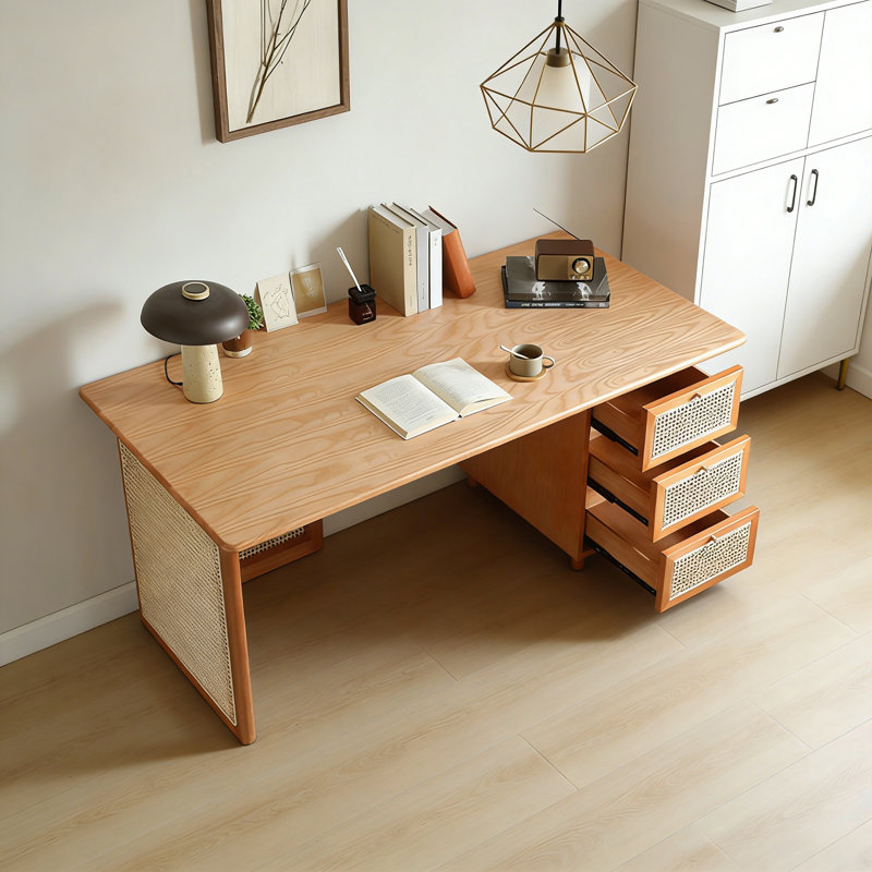 Bureau moderne en bois massif avec rotin et 3 tiroirs