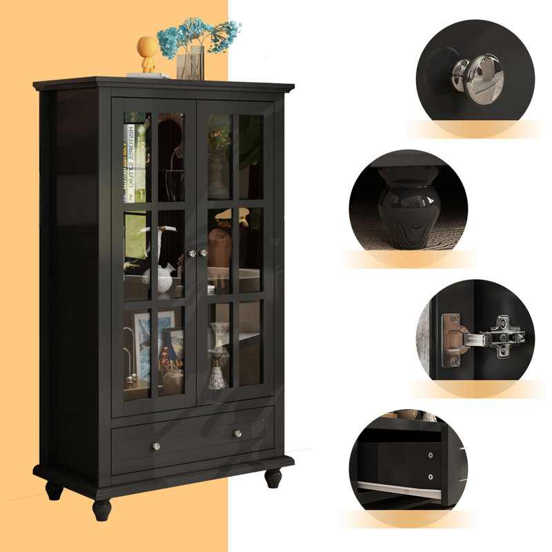 Elzadie 55.1'' H X 31.5'' W X 15.7'' D Glass Door Storage Bookcase, Black