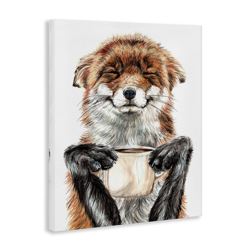 Conception d'art sur toile Happy Fox with Coffee par Holly Siment, H 20 po x l 16 po x P 1,5 po