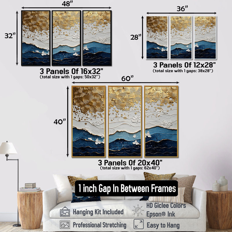 Blue Waves Heights Golden Coastal III - ensemble d'impression d'art mural côtier, H 28 po x l 36 po x P 1 po