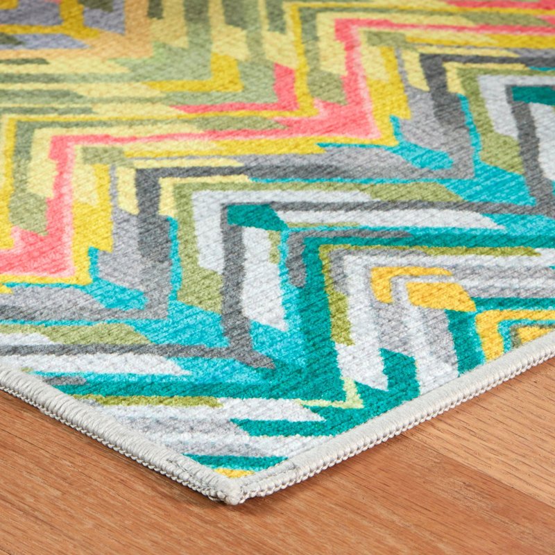 Seneca Machine Printed Polyester Chevron Area Rug in Turquoise/Red/Yellow, Rectangle 2' x 3'