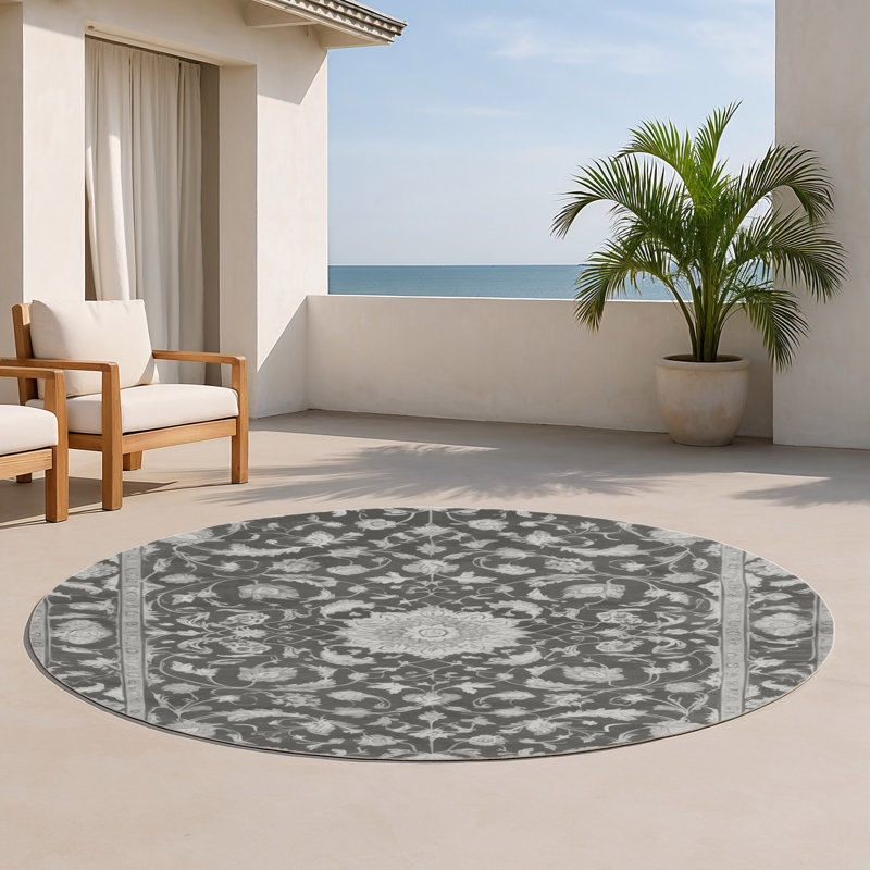 Tapis gris d'intérieur et d'extérieur Tabriz, Rond 5 pi