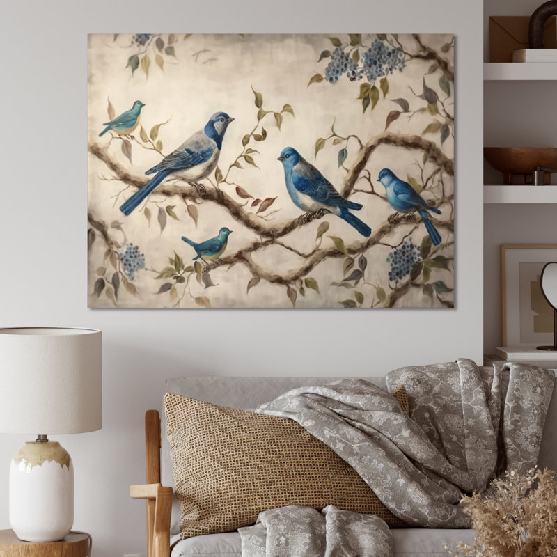 Quatre oiseaux bleus rétro sur une branche I - reproduction sur toile, Toile tendue, 24" H x 32" W