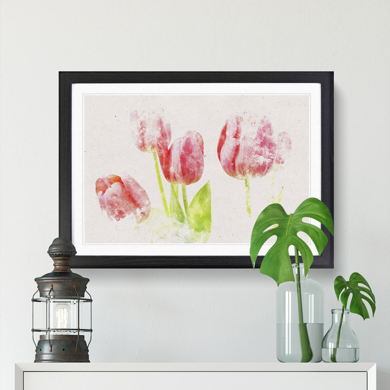 Beautiful Pink Tulips Watercolour - Picture Frame Graphic Art Print, 40cm H x 60cm W x 2cm D, Black Framed