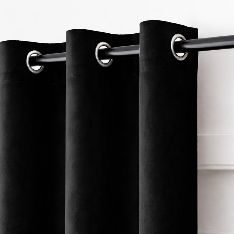 Alsey 100% Velvet Blackout Eyelet Ready Made Curtains & Drapes with matching Tie Backs, (168 Width X 228 Height) cm, Black