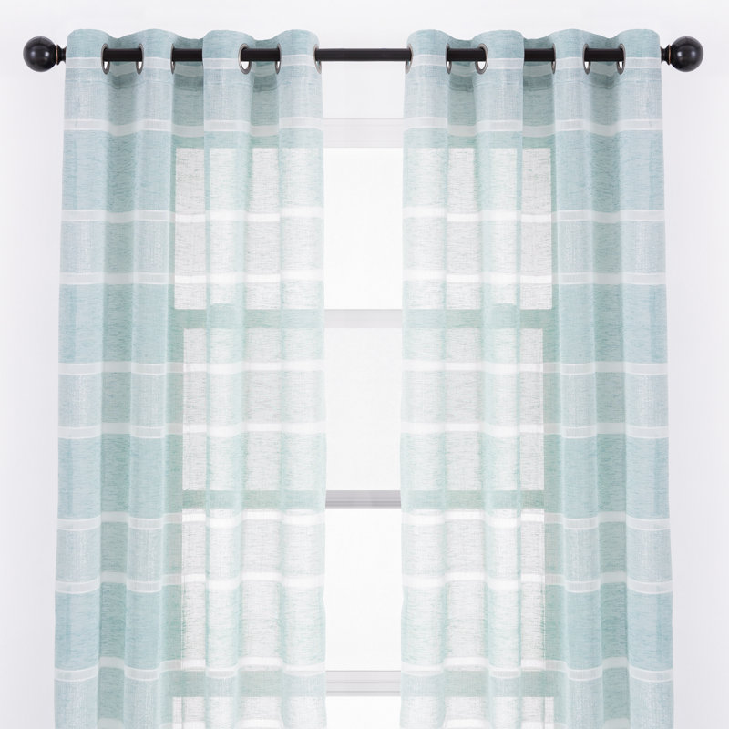 Dellhomme Striped Sheer Grommet Curtain Panels, Turquoise, 52" x 108"