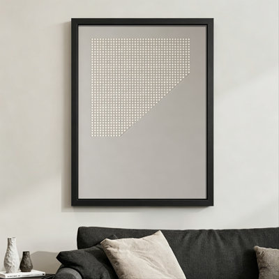 Modern Abstract Geometric pattern: Grid of small squares forming a triangular shape, Minimalist digital art style. 24" x 36" Framed Canvas Wall Art in Black Wood Frame