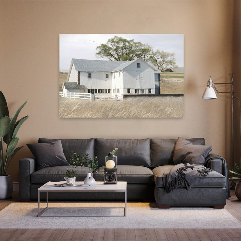 Paysage d'été contemporain blanc avec grange blanche, H 40 po x l 60 po