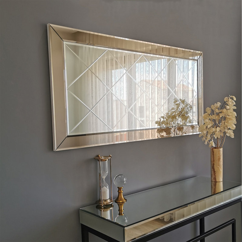 Modern Silver Wall Mirror, 51.2 x 25.6 x 0.9 inches | 100% MDF Frame, Assembled | Stylish Chequered Design, Perfect for Home Decor & Entryways | Easy Wall Mounting, Adds Elegance to Any Space
